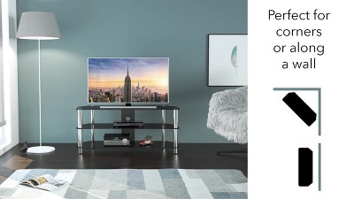 Sleek Black Stainless Steel and Tempered Glass Corner TV Stand