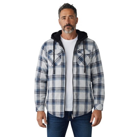 Мужское худи Burnside Quilted Lined Zip Front Flannel Gray & Blue Plaid, цвет: Серый