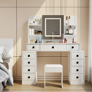 Okak Farmhouse Vanity Desk with Sliding Mirror and Stool Dressing Table with Charging Station for Bedroom - 1 of 4