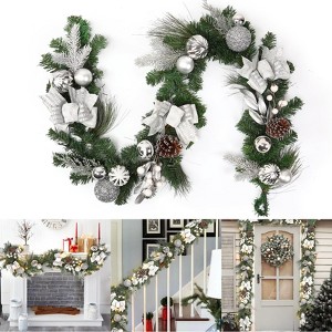 6ft Silver Pre-Lit Garland with 20 Battery-Operated Lights, Ball Ornaments, Ribbons and Bows for Indoor/Outdoor Decor - 1 of 4