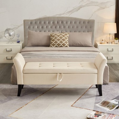 51.5'' Beige Velvet Upholstered Storage Ottoman Bench with Arms