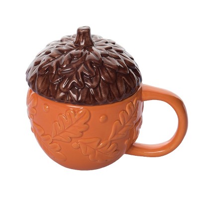 Transpac Dolomite 6.25 in. Harvest Patterned Acorn Mug with Lid