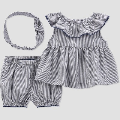 Image of Carter's Just One You® Baby Girls' 3pc Striped Dress Set with Headband - Blue 6M