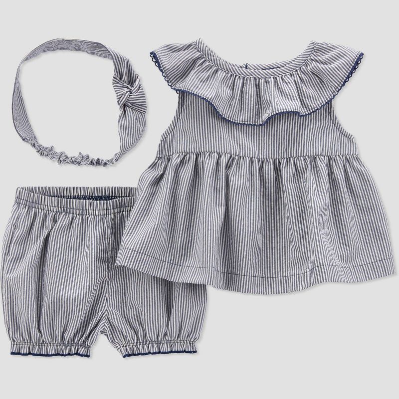 Carter's Just One You® Baby Girls' 3pc Striped Dress Set with Headband - Blue, 1 of 5