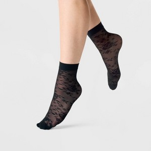 Women's Rose Floral Mesh Sheer 2pk Anklet Socks - A New Day™ Black/White 4-10: Lightweight Knit, Botanical Pattern - 1 of 3