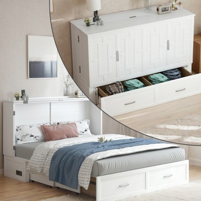 Murphy Bed Cabinet with Foldable Mattress, Queen Murphy Bed with Charging Station, Drawers