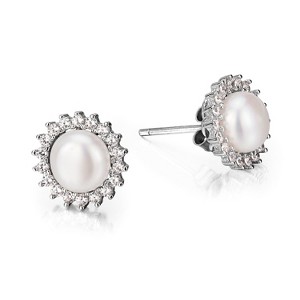 18k Gold and Sterling Silver & Cultured Pearl Halo Stud Earrings - 1 of 4