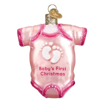 Old World Christmas 3.5" Pink Baby Onesie Glittered First Christmas  -  Tree Ornaments