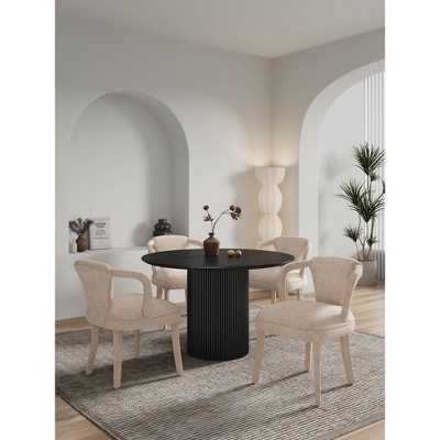 Modern Black Wood Round Dining Table with Beige Upholstered Arm Chairs