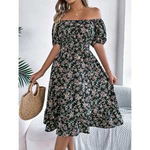 Clearlove Womens Summer Dress- Square Neck Puff Sleeve Smocked Ruffle Hem A-line Mini Short Dresses - 1 of 4