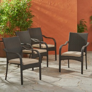 Outdoor Polyethylene Rattan Dining Chairs Set Of 4,Upholstered Lounge Chair With Iron Frame,Curved Armrests Patio Dining Chair-Coolbibila - 1 of 4