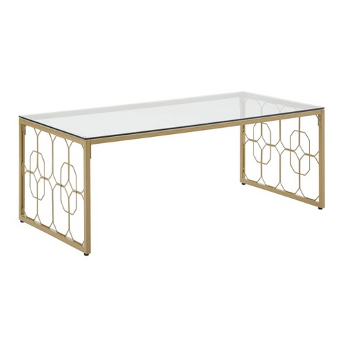 Khalilah Octagon Pattern Gold Metal and Glass Coffee Table Gold - Inspire Q: Elegant Tempered Glass, Loop Leg Design - image 1 of 4