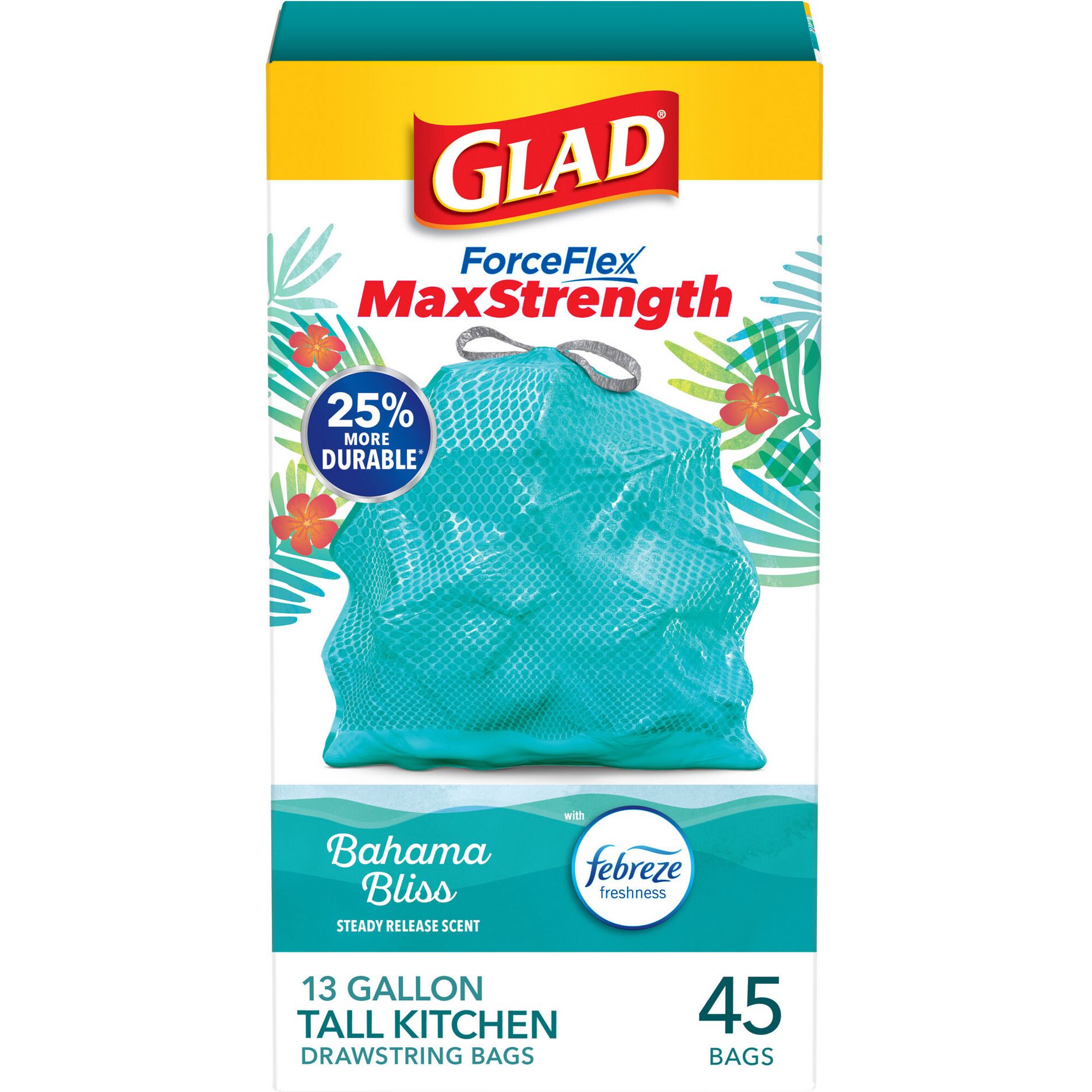 Glad ForceFlex MaxStrength Bahama Bliss Drawstring Trash Bags - Febreze Freshness - 13gal - 45ct: Extra Strong Gripping Handles, Tall Kitchen Size