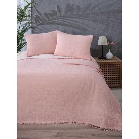 Sussex Home Muslin Blanket 4 Layers, Soft Bedspread, 100% Turkish Cotton Muslin Bed Cover, Reversible Coverlet, Powder Pink, 91x95, Queen Size
