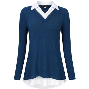 Women's Long Sleeve V Neck Contrast Collared Shirts Patchwork Work Blouse Tunics Tops - 1 of 4