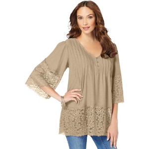 Roaman's Women's Plus Size Lace-Hem Pintuck Tunic - 1 of 4