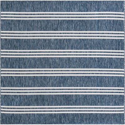 Blue and White Square Synthetic Outdoor Area Rug