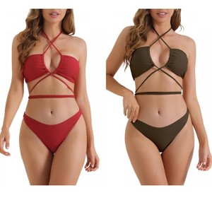 INSPIRE CHIC Women's Halter Double Lace Up Tie Back Triangle Bottoms Swimwear Bathing Bikini Suits 2 Sets - 1 of 4