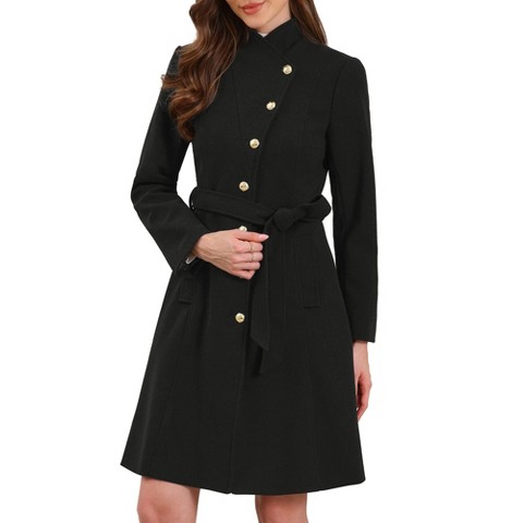 INSPIRE CHIC Women's Winter Stand Collar Single Breasted Button Down Long Trench Coat with Belt X-Large Black