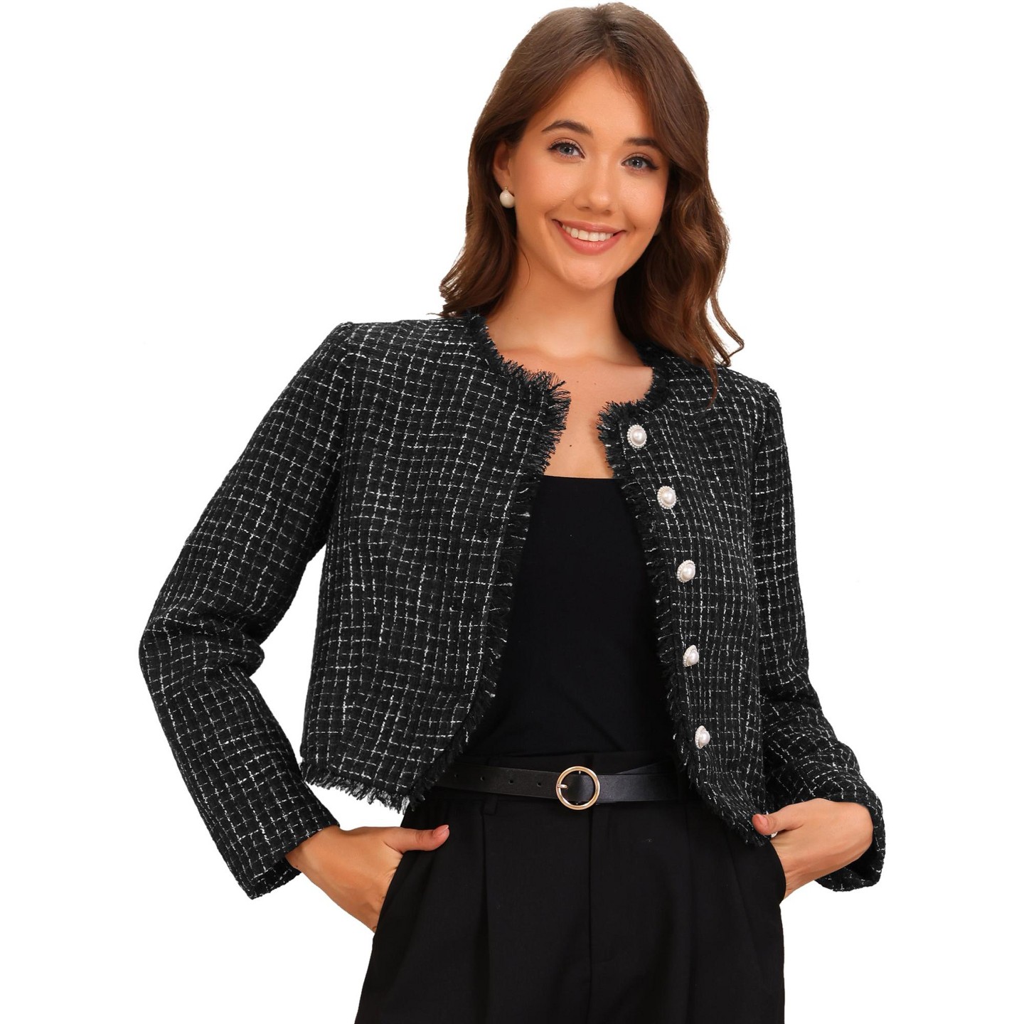 Женский пиджак Allegra K Plaid Tweed Crew Neck Cropped Button Up Elegant Work Blazer Black, цвет: Чёрный — фото 1