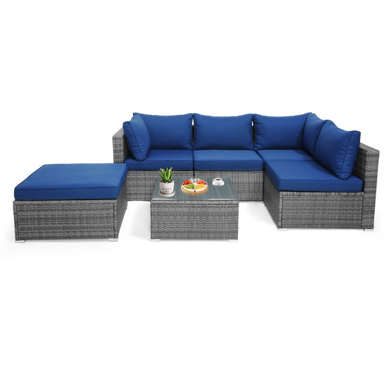 Tangkula 6PCS Patio Rattan Sectional Sofa Set Conversation Furniture Set w/ Navy Cushions, 5 of 6