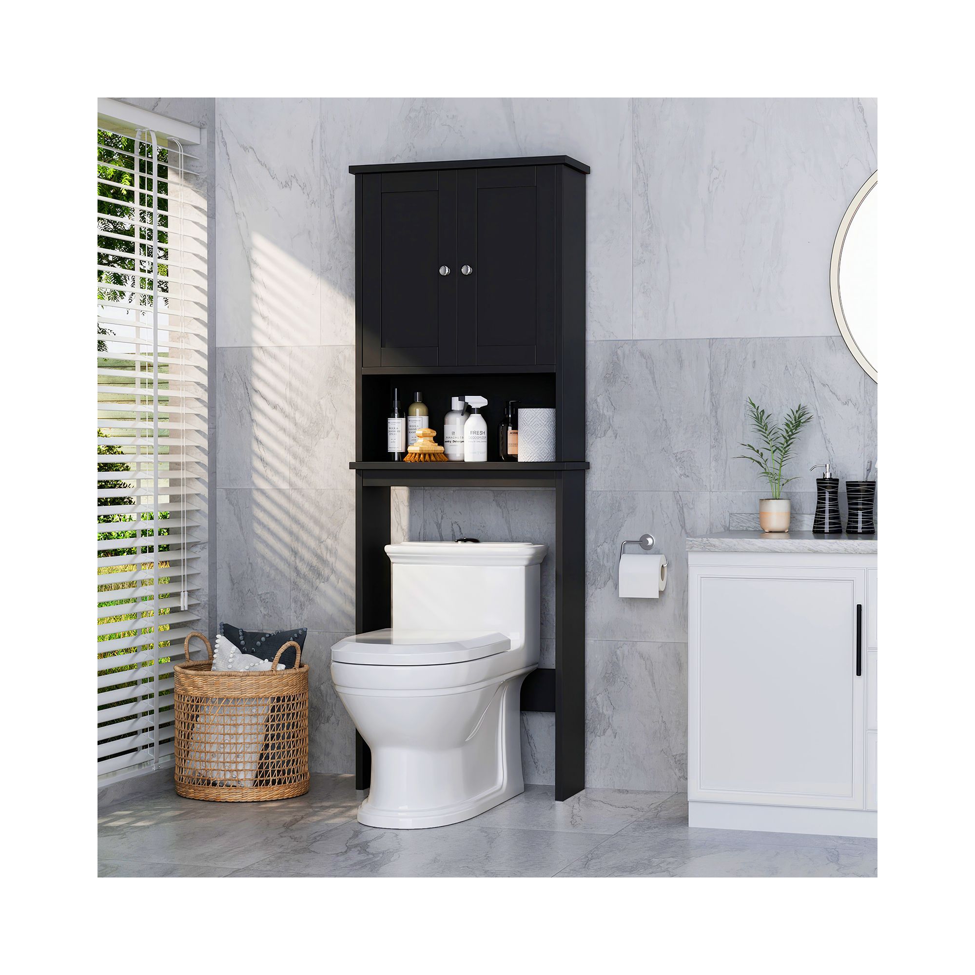 Celebalcony Over The Toilet Storage Cabinet, Bathroom Shelf Organizer with Anti-Tip Device Small Freestanding Space Saver with Adjustable Shelf Black