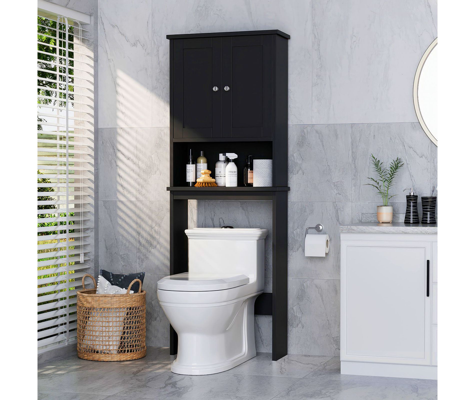 Celebalcony  Over The Toilet Storage Cabinet, Bathroom Shelf Organizer with Anti-Tip Device Small Freestanding Space Saver with Adjustable Shelf Black