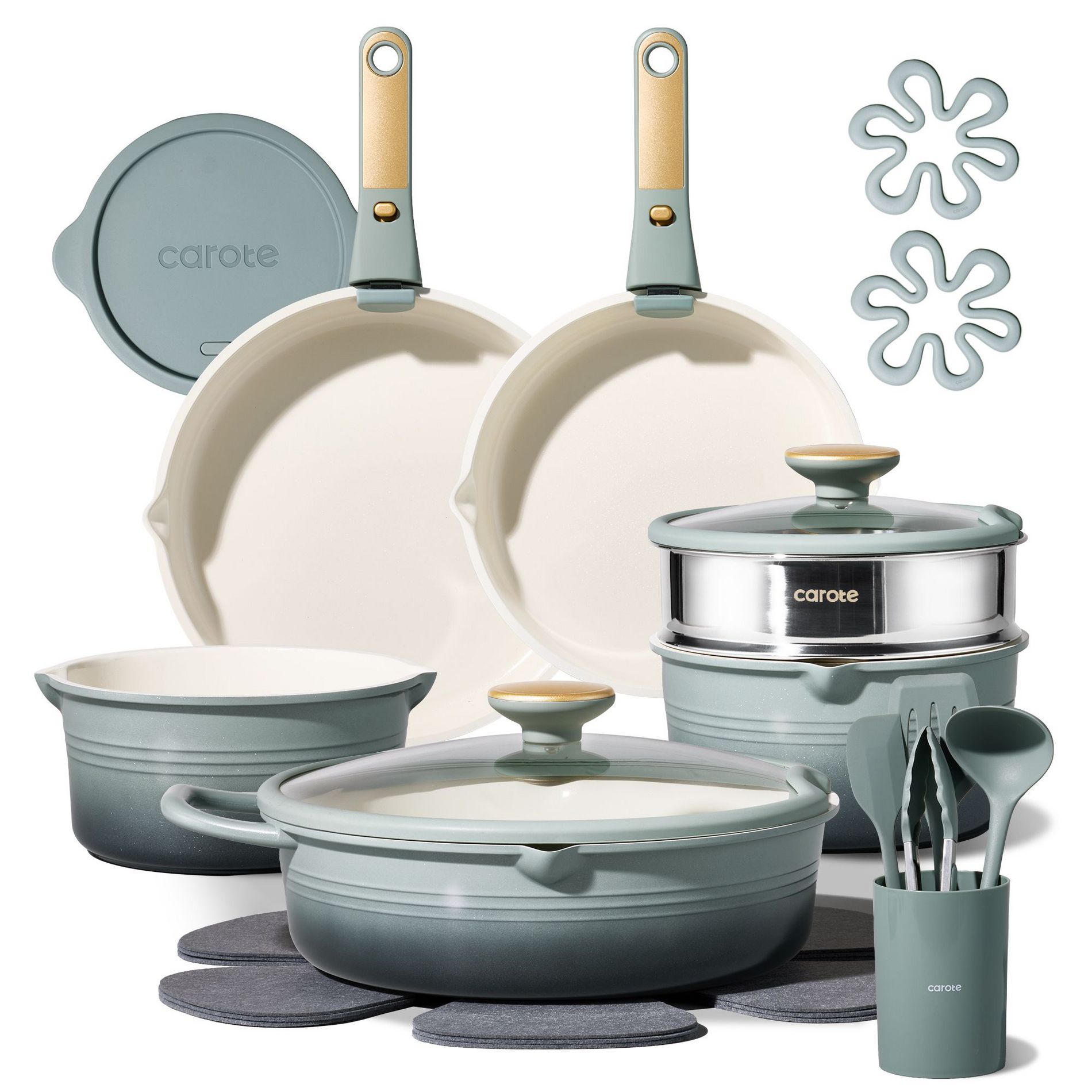Carote 22pc Double-Pour Spouts Ceramic Nonstick Detachable Cookware Set Gradiant Green