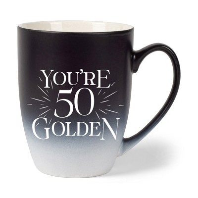 Elanze Designs You're 50 Golden Two Toned Ombre Matte Black and White 12 ounce Ceramic Stoneware Coffee Cup Mug