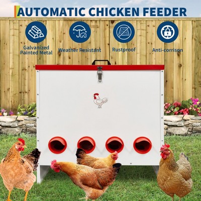 Automatic Chicken Feeder 30 Lb Capacity 6 Port Large Metal Chicken Feeders - No Waste Poultry Feeder with Locking Lid