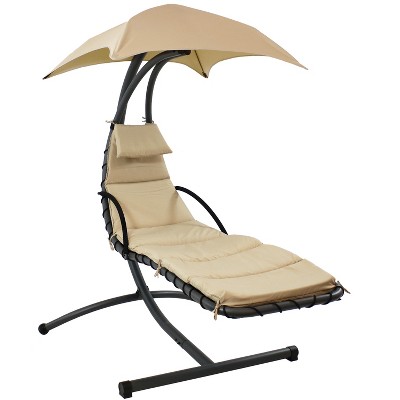 Sunnydaze Outdoor Hanging Chaise Floating Lounge Chair with Canopy Umbrella and Arc Stand