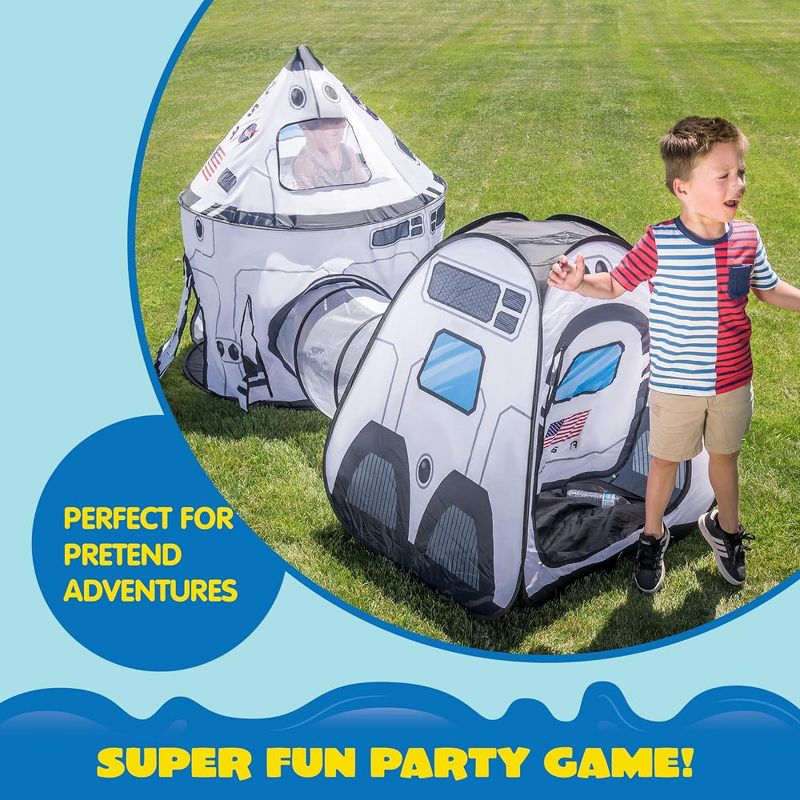 Syncfun White Rocket Ship Pop up Play Tent with Tunnel and Playhouse Kids Indoor Outdoor Spaceship Tent Set, 5 of 10