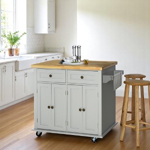 Rolling Kitchen Island Cart with Rubberwood Top, Adjustable Shelves, Storage Cabinet, 2 Drawers, Spice Rack, Towel Bar, Lockable Wheels for Kitchen - 1 of 4