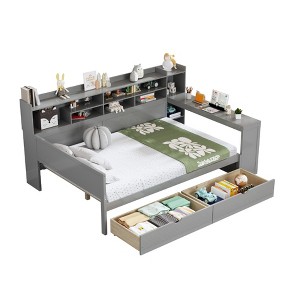 Sevobal Beds Wooden Full Size Daybed with Storage Drawers Shelves and Study Desk for Bedroom and Study Spaces, Gray, 91.3"*64.9"*44.9" - 1 of 4