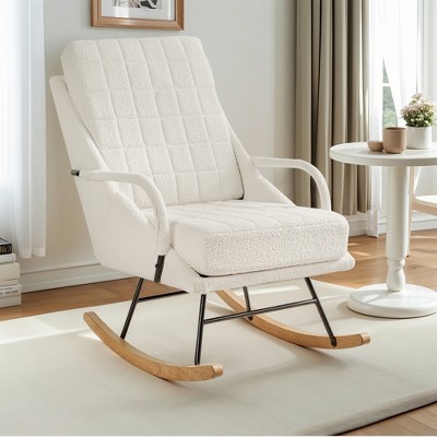 VECELO Upholstered Faux Leather/Teddy Fabric Rocking Chair Modern Lounge Rocker Recliner with Padded Seat, Safe Solid Wood Base White/Brown