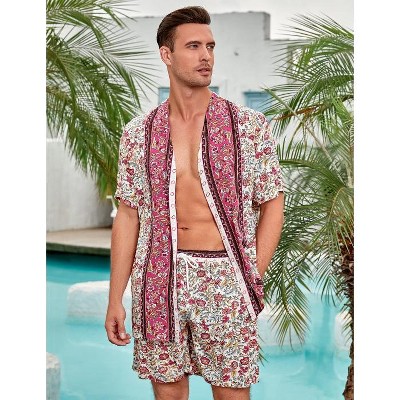 WhizMax Men's 2 Piece Shorts Floral Hawaiian Short Sleeve Cardigan and Beach Shorts Sets