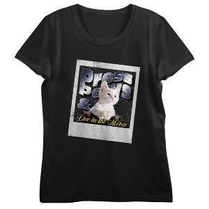 Live In The Meow Cat Photo Crew Neck Short Sleeve Women's Black T-shirt - 1 of 3