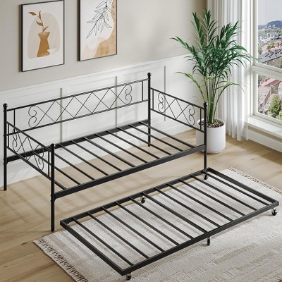 Twin Daybed with Pull-Out Trundle, Stylish Headboard and Metal Slats