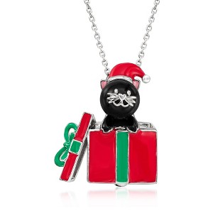 Ross-Simons 8mm Black Agate Bead Christmas Cat Pin/Pendant Necklace With Multicolored Enamel in Sterling Silver Size 18 - 1 of 4