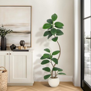 Artificial Rubber Tree, 5ft Tall Fake Plants with White Planters, Artificial Plants Indoor with Multicolored Pebbles - 1 of 4