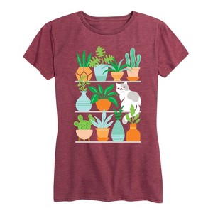 Women's - Instant Message - Succulents Cat on Shelves Short Sleeve Graphic T-Shirt - 1 of 4