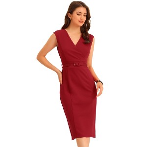 INSPIRE CHIC Women's Sleeveless V Neck Business Office Belt Pencil Dresses - 1 of 4