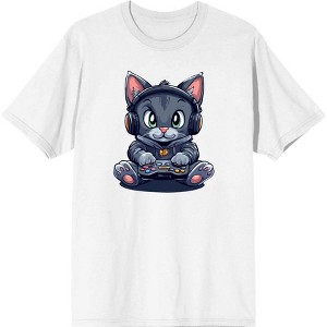 Focused Gamer Cat Adult Crew Neck Short Sleeve Tee - 1 of 2