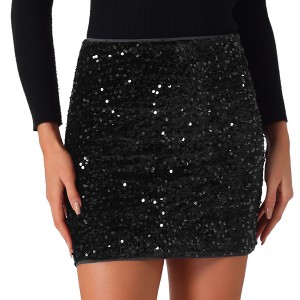 Allegra K Women's Sequin High Waist Stretchy Velvet Sparkle Party Bodycon Mini Skirt - 1 of 4