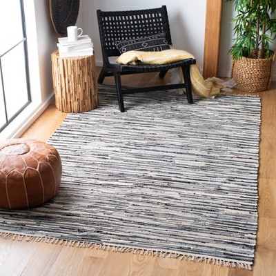 Handmade Black and Beige Striped Wool Cotton Rug, 3' x 5'