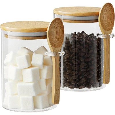 2 Pack 15oz Glass Sugar Container with Spoon and Bamboo Lid, Storage Jar for Coffee Beans, Spice, Tea, Flour