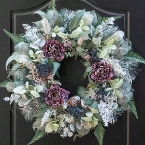 Winter Wreath Front Door 24 Inch Snow Covered Artificial Door Wreath with Purple Peonies Green Leaves Pine Cones and Berries - 1 of 4