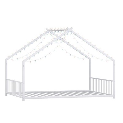TopComfy Beds Full size childrens bed frame with strips roof shaped iron frame bed No Box Spring Needed for Bedroom, White, 78.5"*55.91"*58.36"