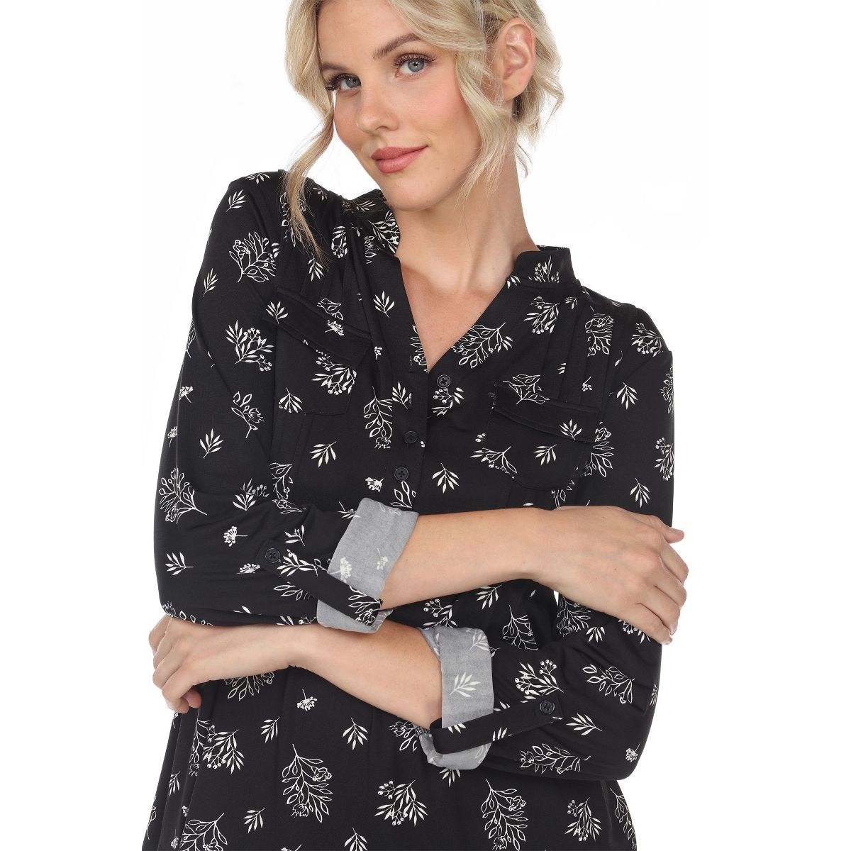 Women's Pleated Long Sleeve Leaf Print Blouse - White Mark - thumbnail 5