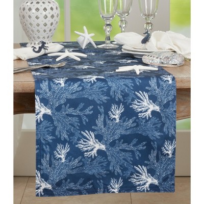Navy Blue Sea Coral Design Polyester Table Runner, 16" x 90"